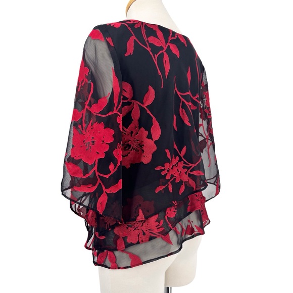 Alex Evenings Black & Red Floral Layered Asymmetrical Hem Blouse, Small - Picture 6 of 17